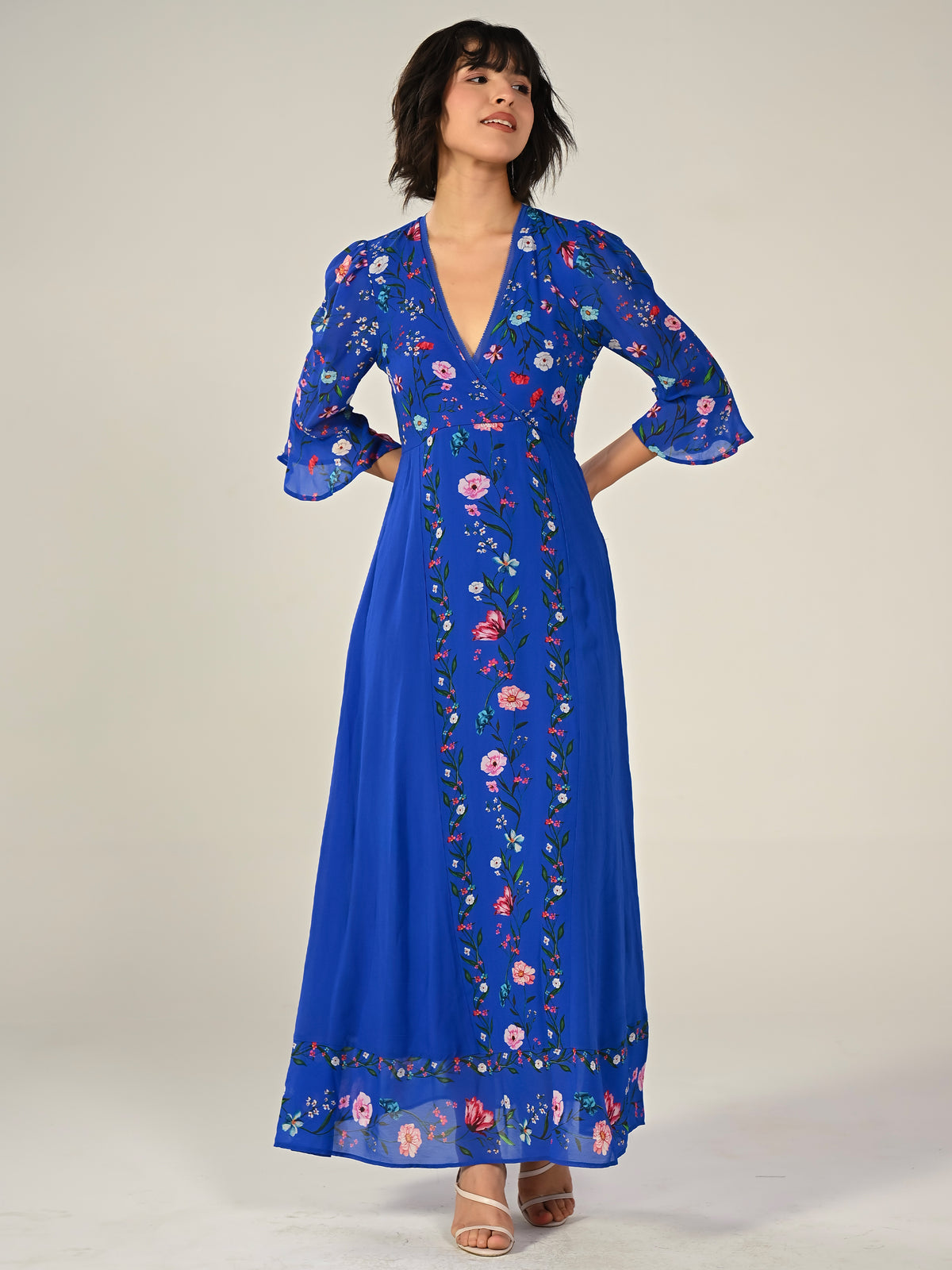 Tory Blue Botanical Floral Border Print Maxi Dress