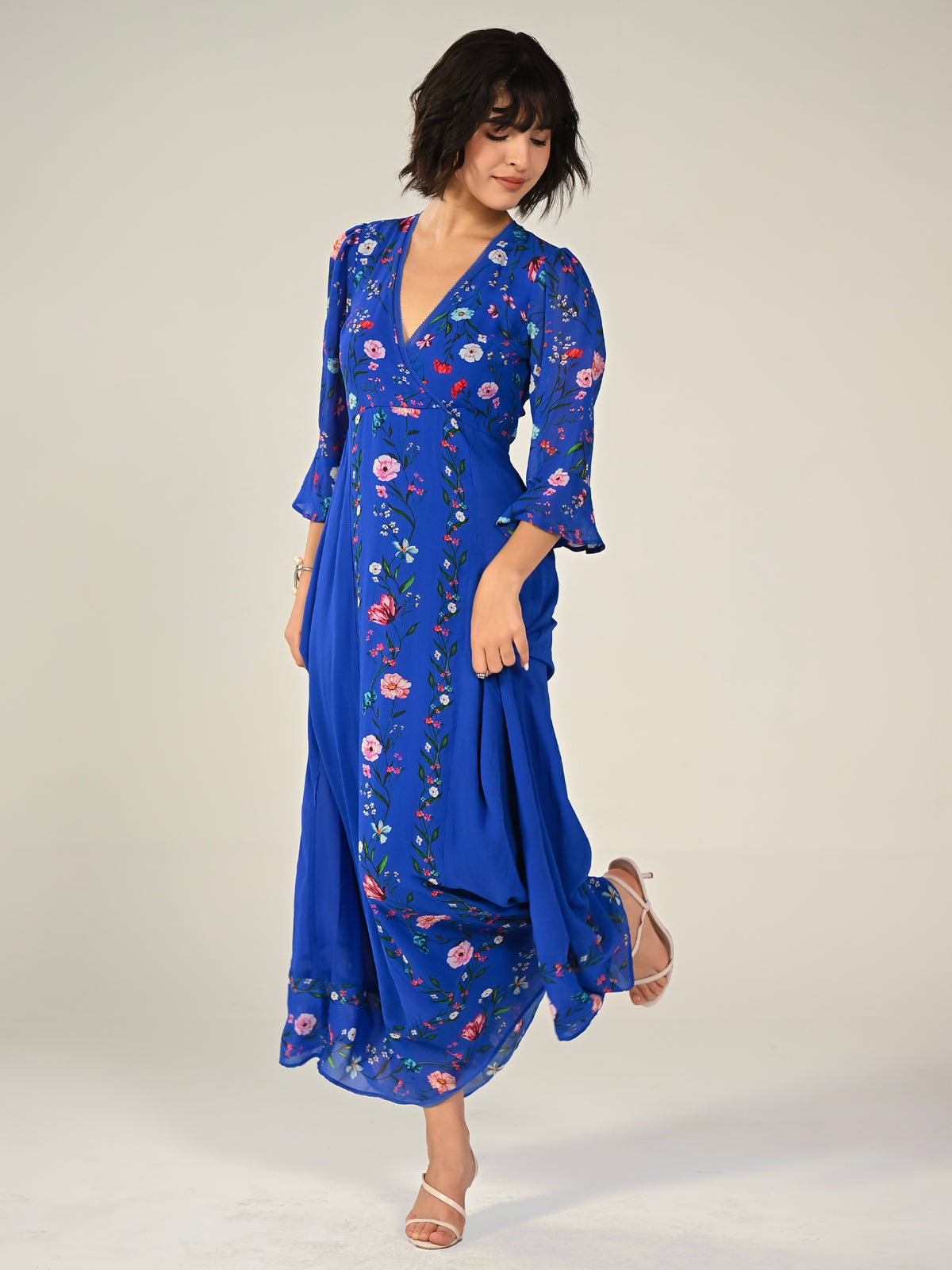 Tory Blue Botanical Floral Border Print Maxi Dress