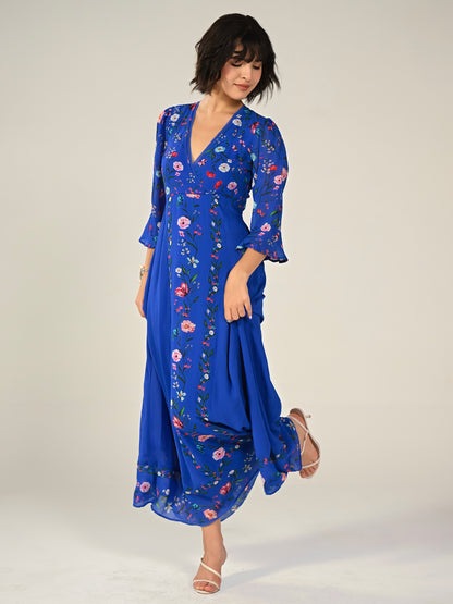 Tory Blue Botanical Floral Border Print Maxi Dress