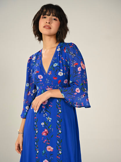 Tory Blue Botanical Floral Border Print Maxi Dress