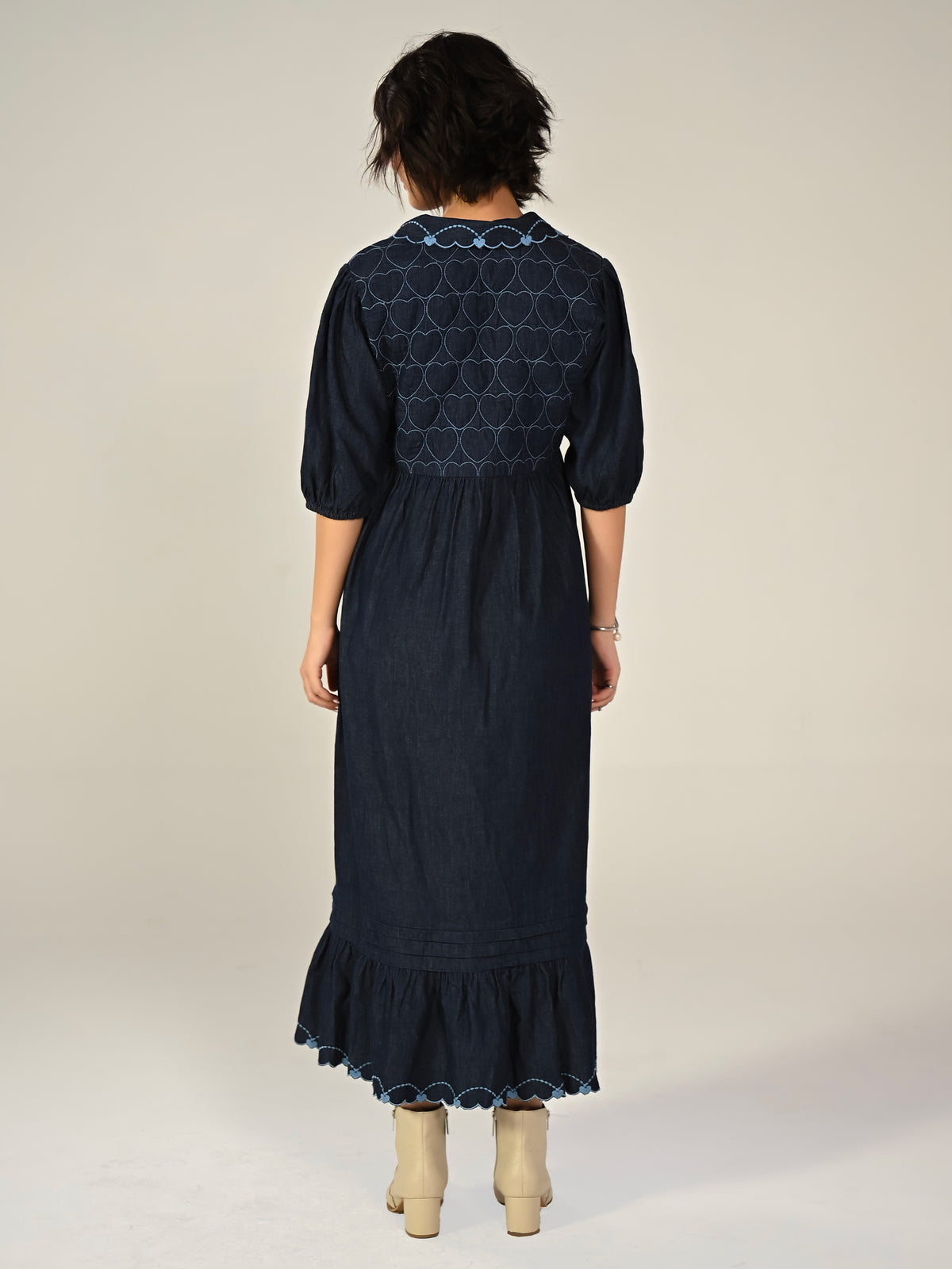 Jay Indigo Denim Embroidered Midi Dress