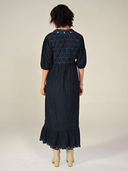 Jay Indigo Denim Embroidered Midi Dress