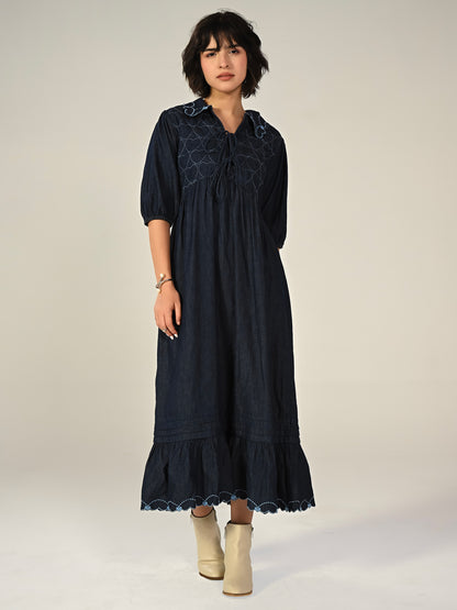 Jay Indigo Denim Embroidered Midi Dress