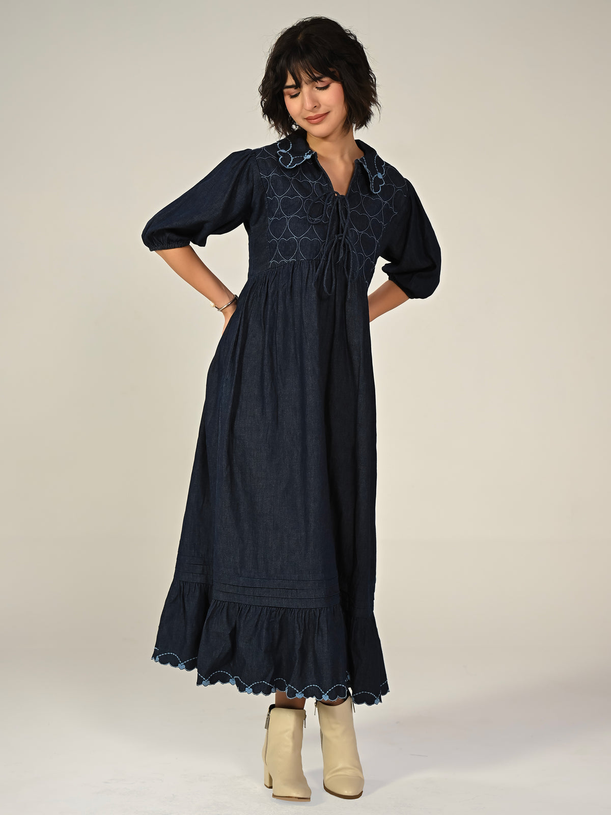 Jay Indigo Denim Embroidered Midi Dress