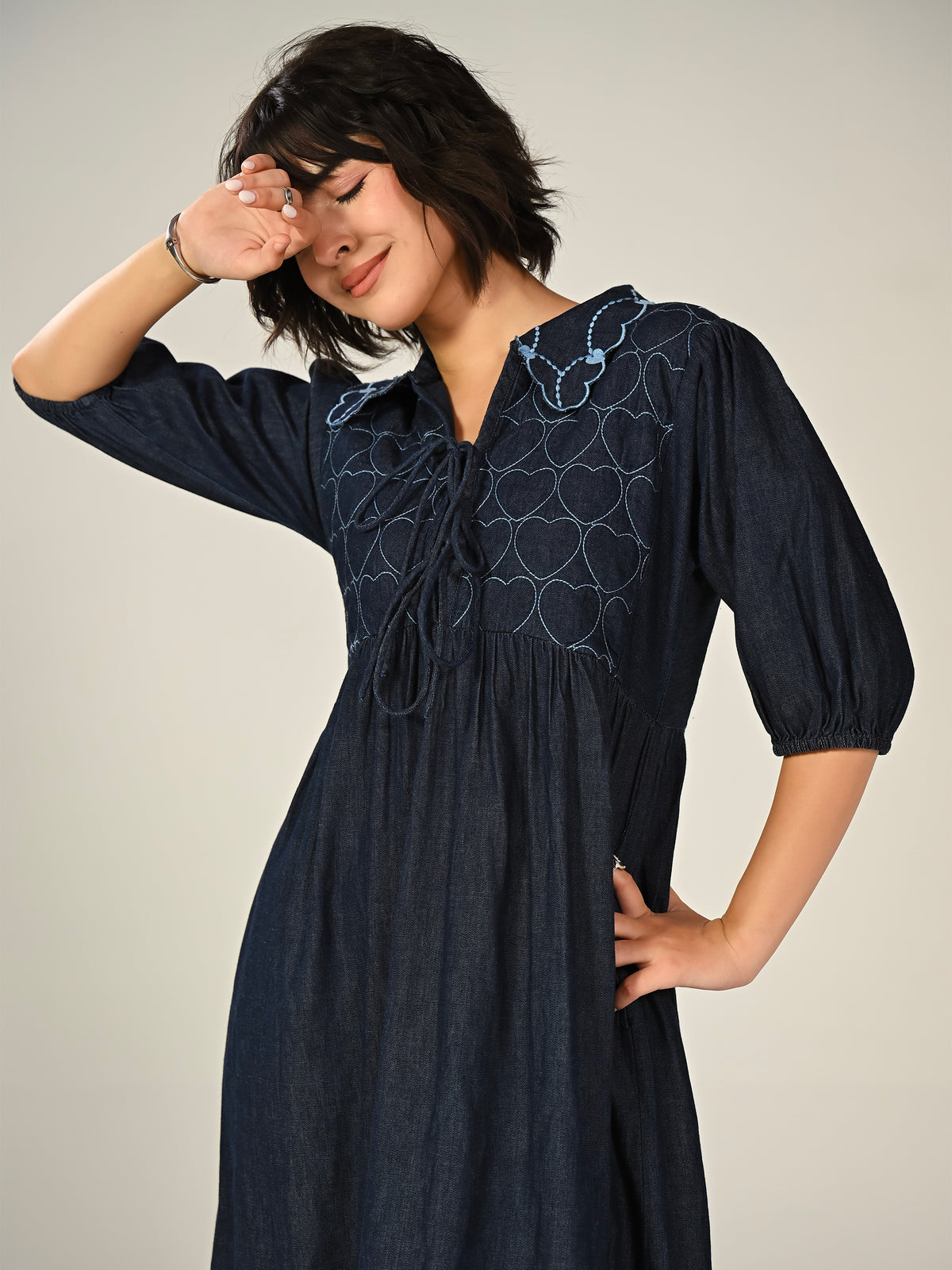 Jay Indigo Denim Embroidered Midi Dress
