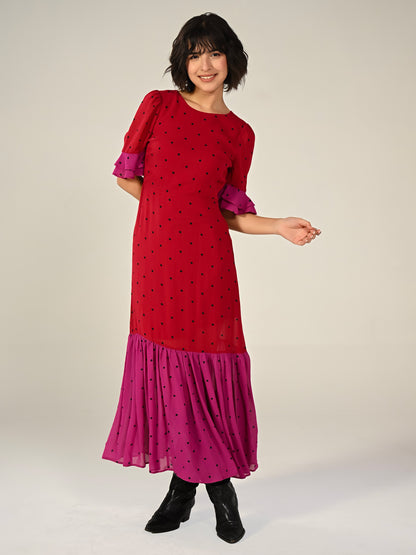 Saphi Red And Pink Polka Dot Midi Dress