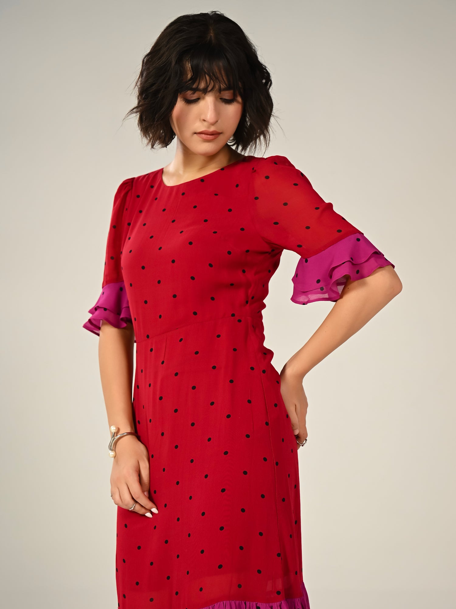 Saphi Red And Pink Polka Dot Midi Dress