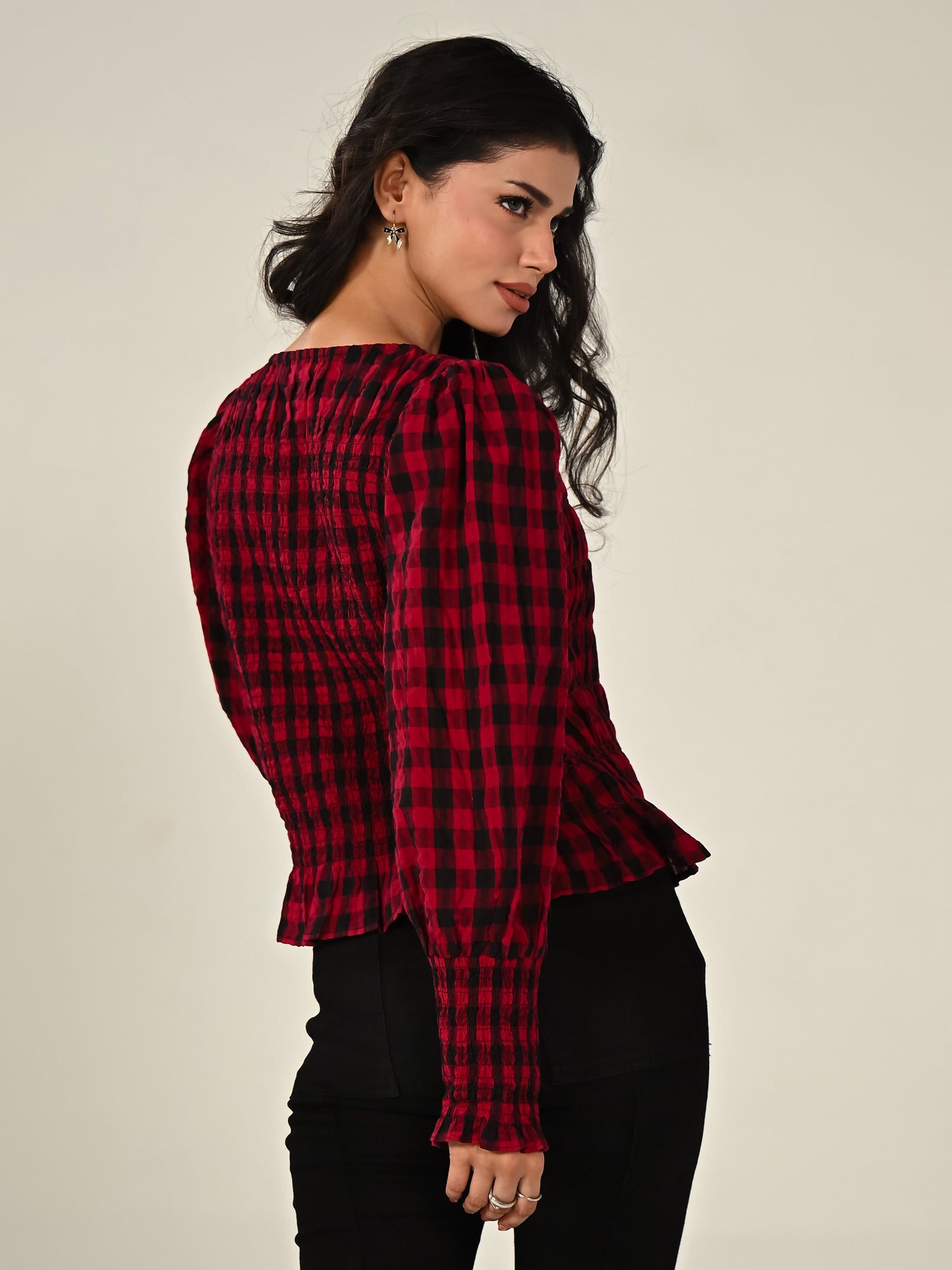 Mary Red Cotton Check Smocked Shirt