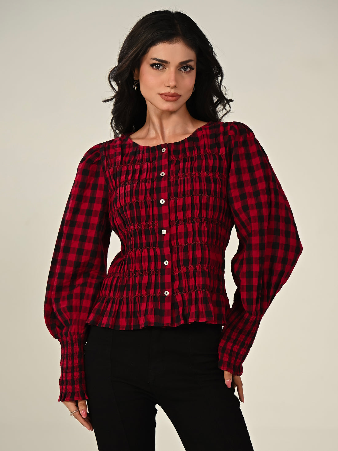 Mary Red Cotton Check Smocked Shirt
