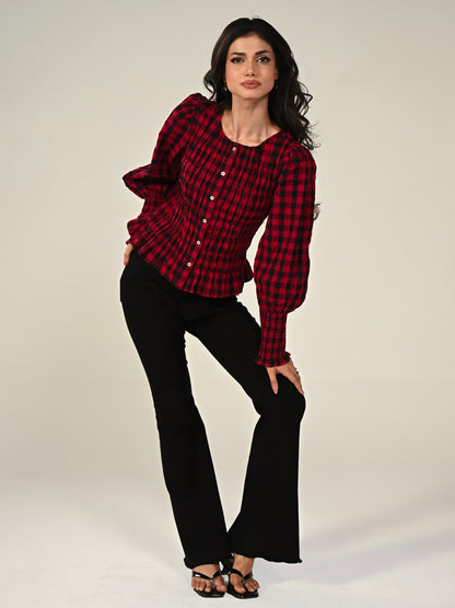Mary Red Cotton Check Smocked Shirt