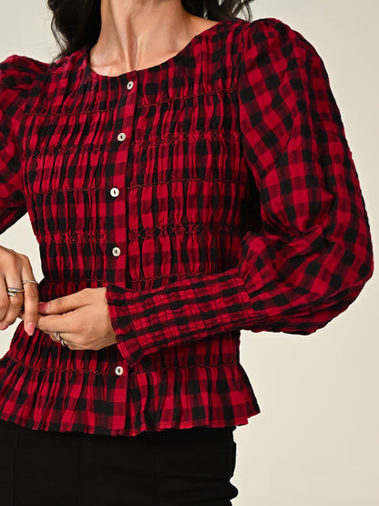 Mary Red Cotton Check Smocked Shirt