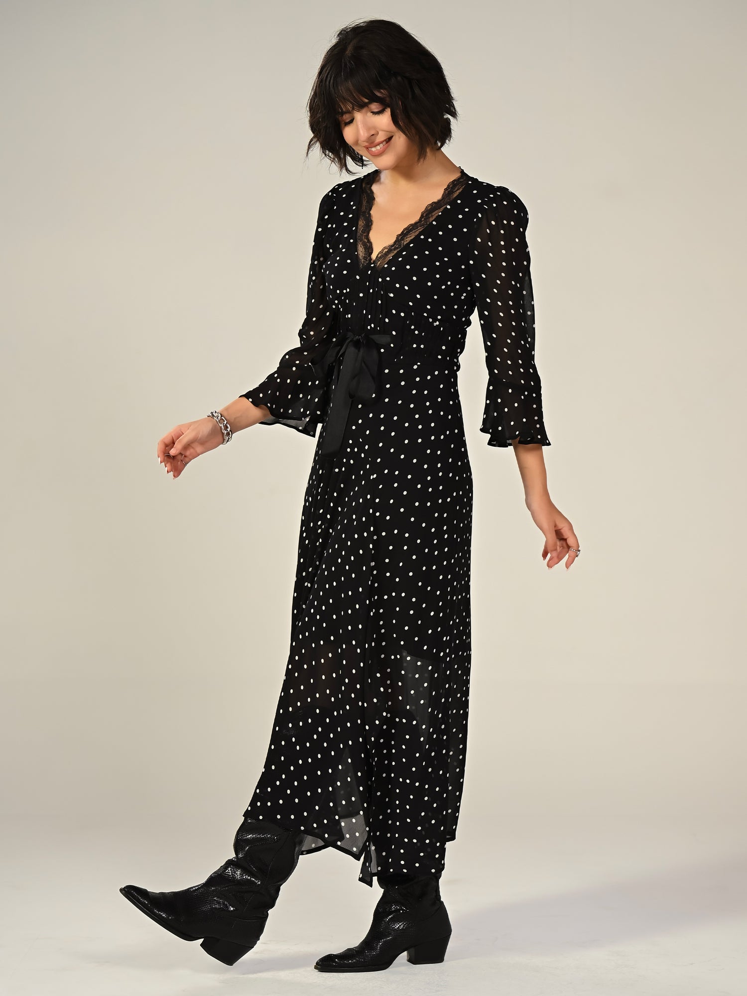 Chloe Black Polka Dot Lace Trim Tie Waist Maxi Dress