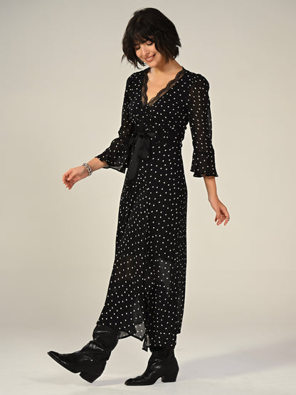 Chloe Black Polka Dot Lace Trim Tie Waist Maxi Dress