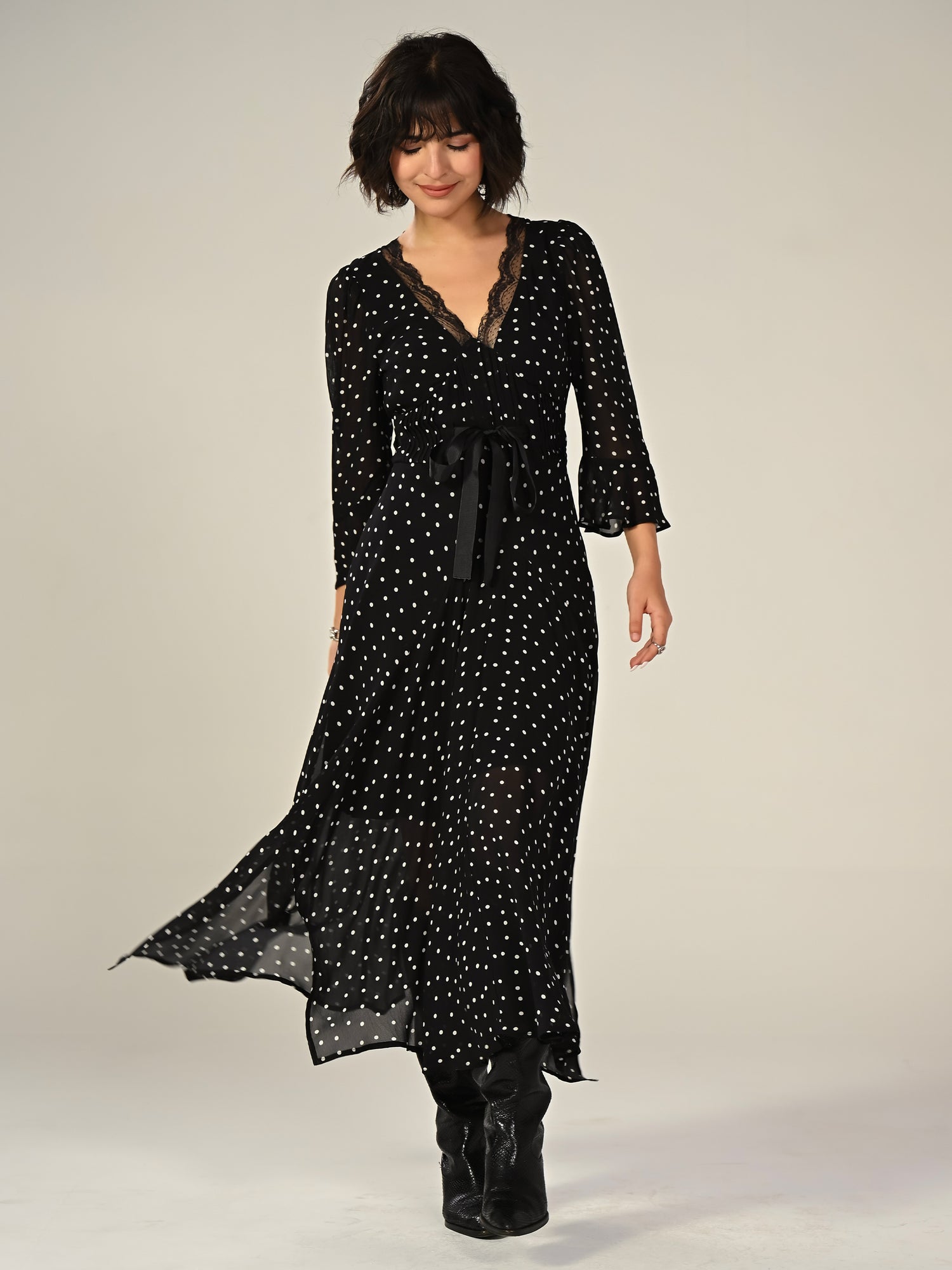 Chloe Black Polka Dot Lace Trim Tie Waist Maxi Dress