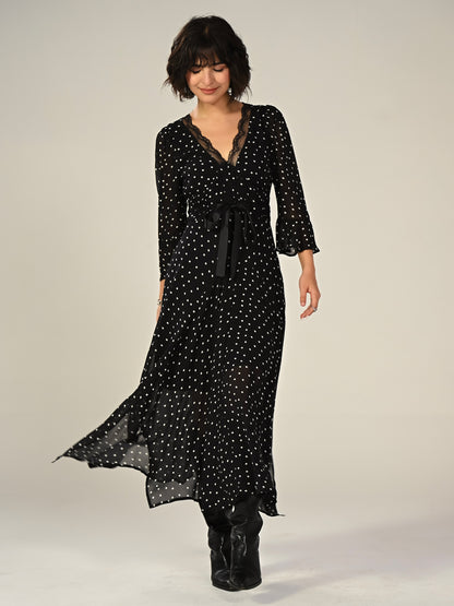 Chloe Black Polka Dot Lace Trim Tie Waist Maxi Dress