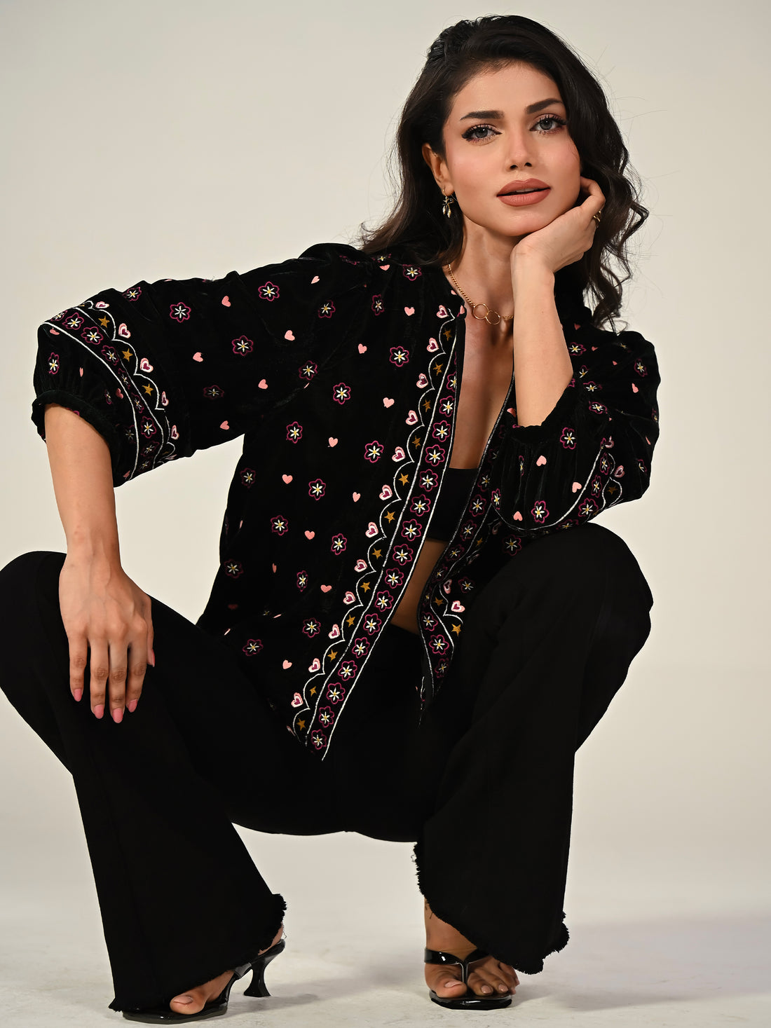 Florence Darkest Green Embroidered Velvet Jacket