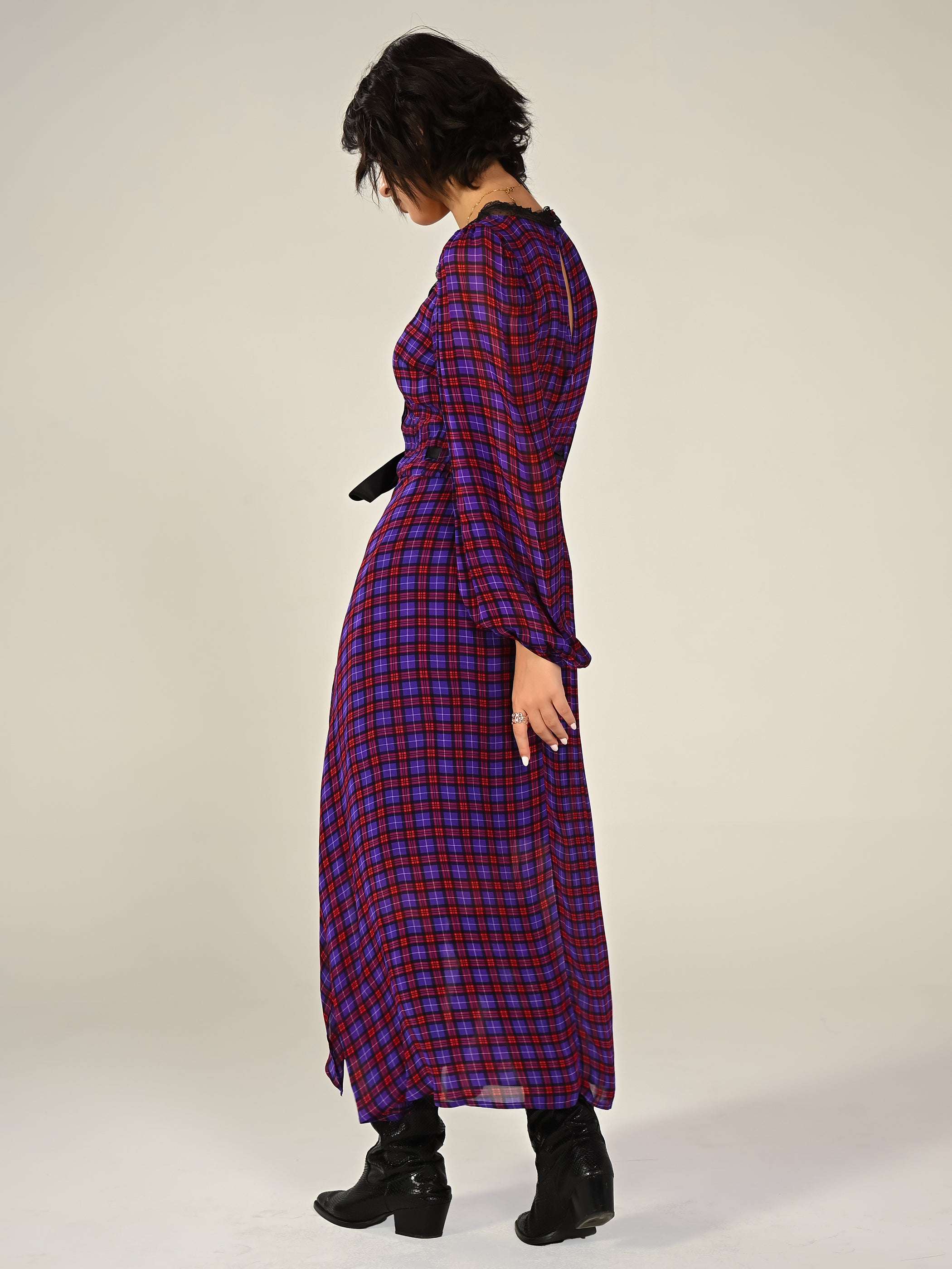 Chloe Check Lace Trim Tie Waist Maxi Dress