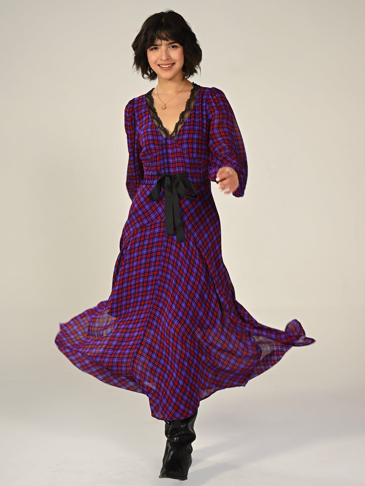Chloe Check Lace Trim Tie Waist Maxi Dress
