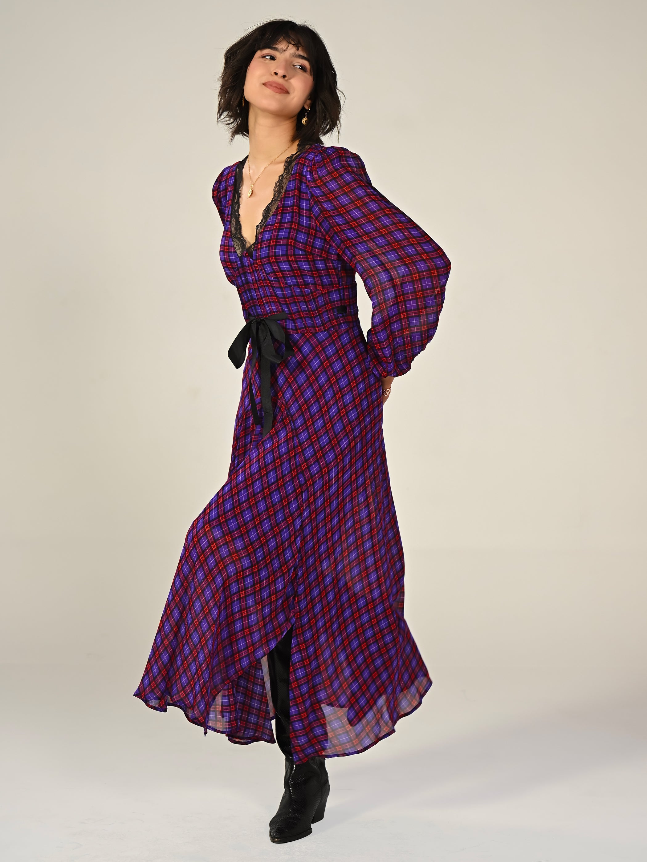 Chloe Check Lace Trim Tie Waist Maxi Dress
