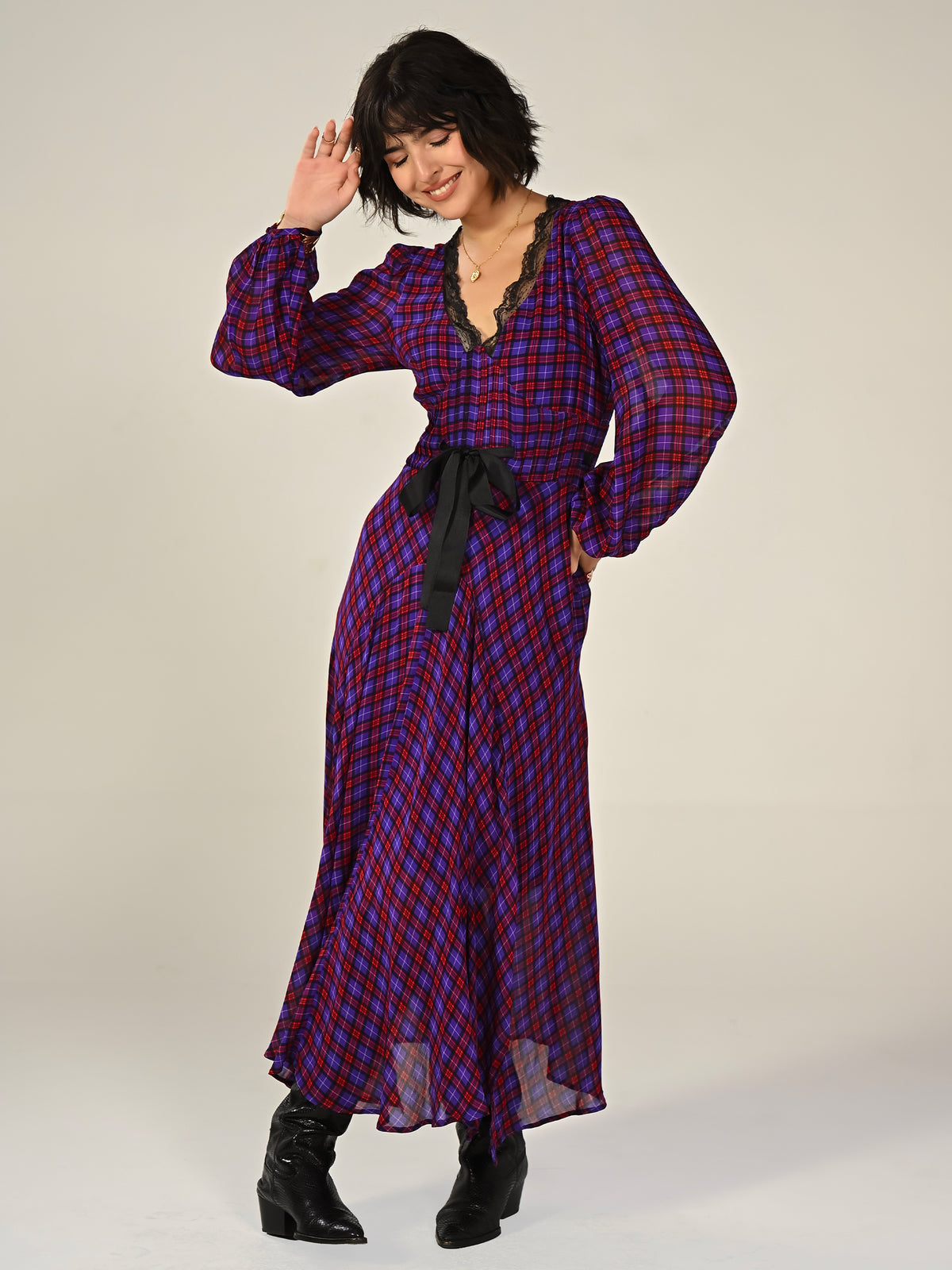 Chloe Check Lace Trim Tie Waist Maxi Dress