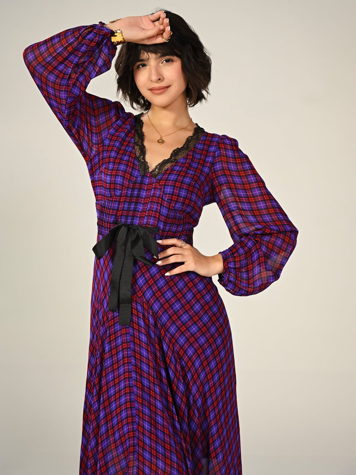 Chloe Check Lace Trim Tie Waist Maxi Dress