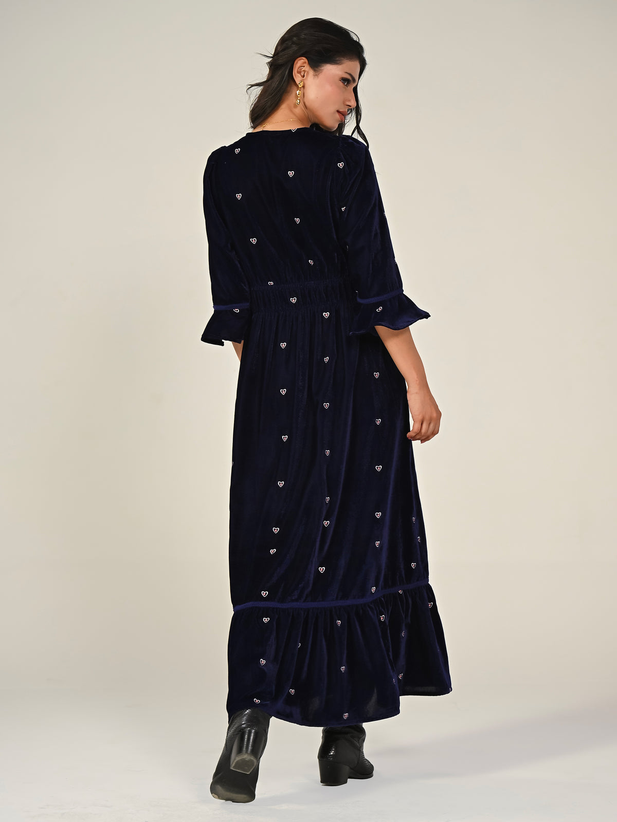 Gisele Indigo Blue Embroidered Velvet Midi Dress