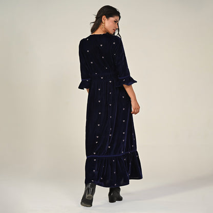 Giselle Burgundy Embroidery Velvet Midi Dress