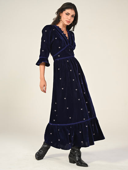 Gisele Indigo Blue Embroidered Velvet Midi Dress