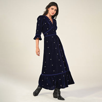 Giselle Burgundy Embroidery Velvet Midi Dress