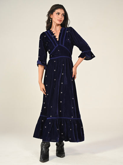 Gisele Indigo Blue Embroidered Velvet Midi Dress