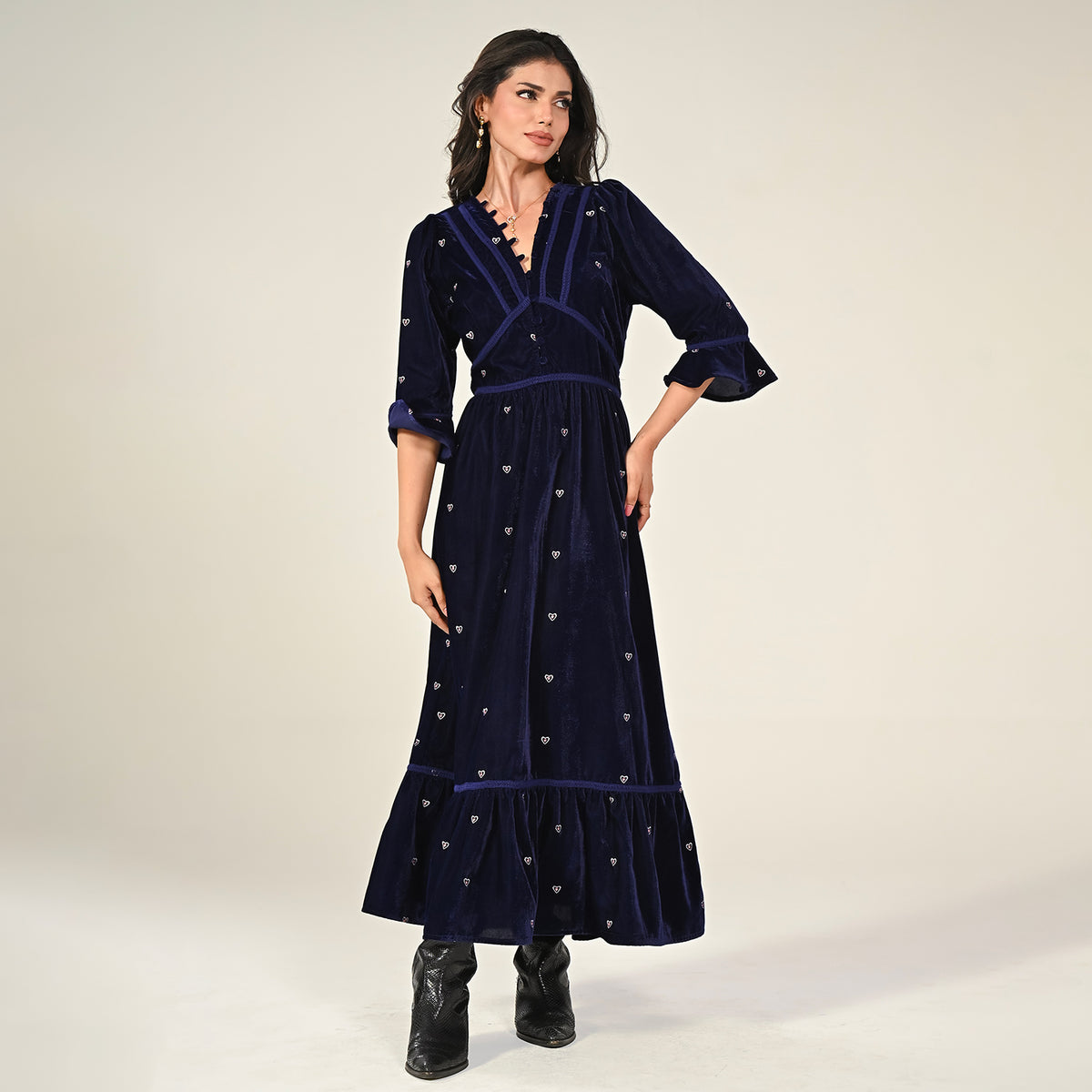 Giselle Burgundy Embroidery Velvet Midi Dress