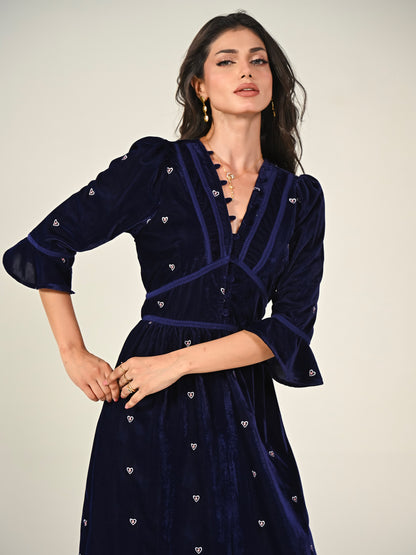 Gisele Indigo Blue Embroidered Velvet Midi Dress