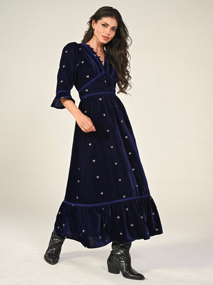 Gisele Indigo Blue Embroidered Velvet Midi Dress