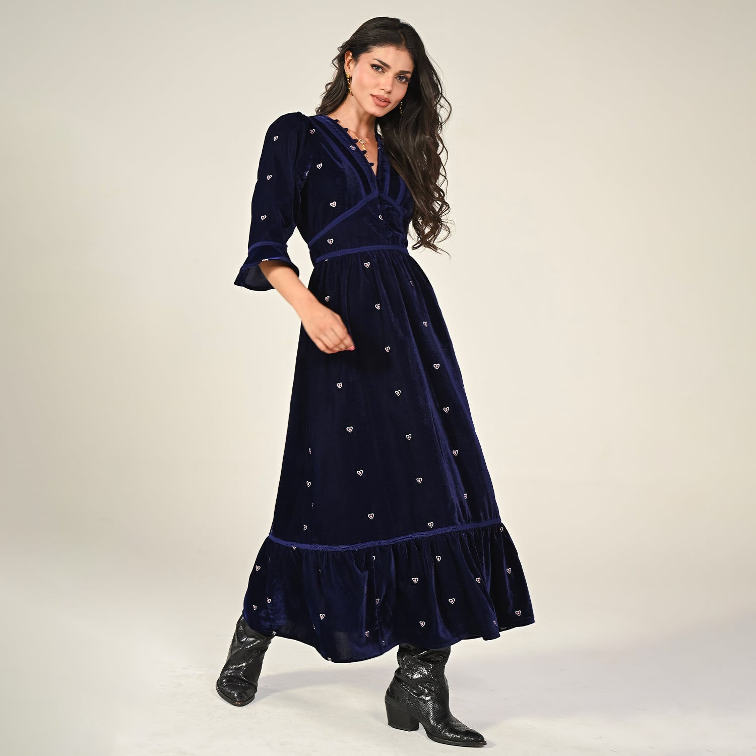 Giselle Burgundy Embroidery Velvet Midi Dress