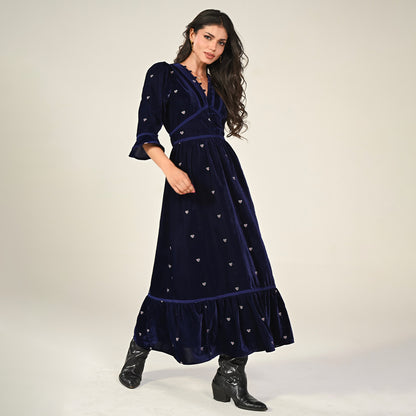 Giselle Burgundy Embroidery Velvet Midi Dress
