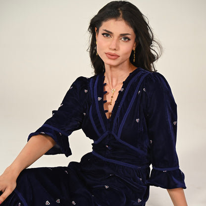 Giselle Burgundy Embroidery Velvet Midi Dress