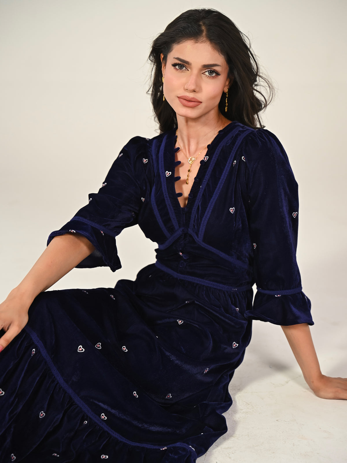 Gisele Indigo Blue Embroidered Velvet Midi Dress