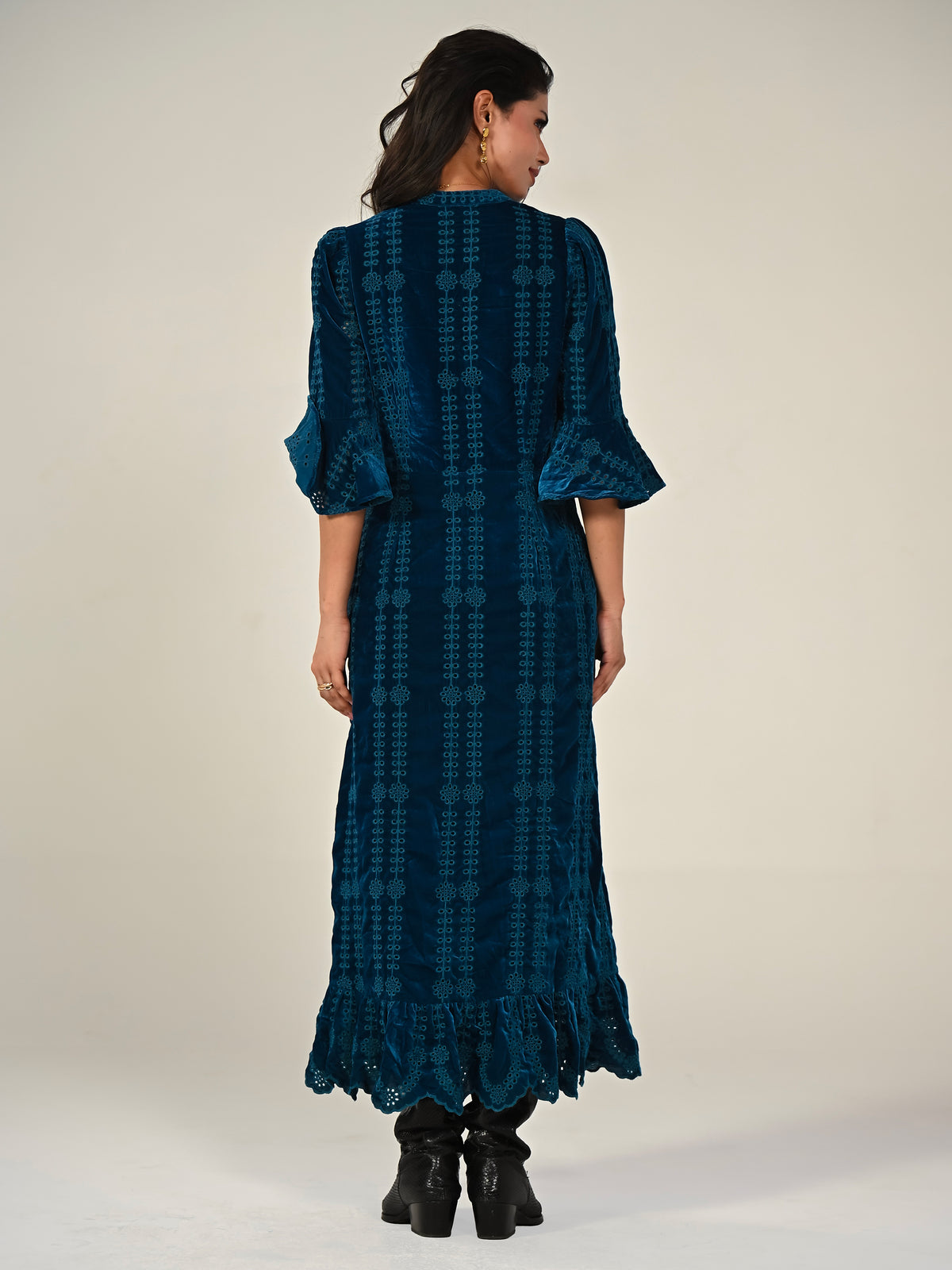 Cat Teal Embroidered Velvet Midi Dress