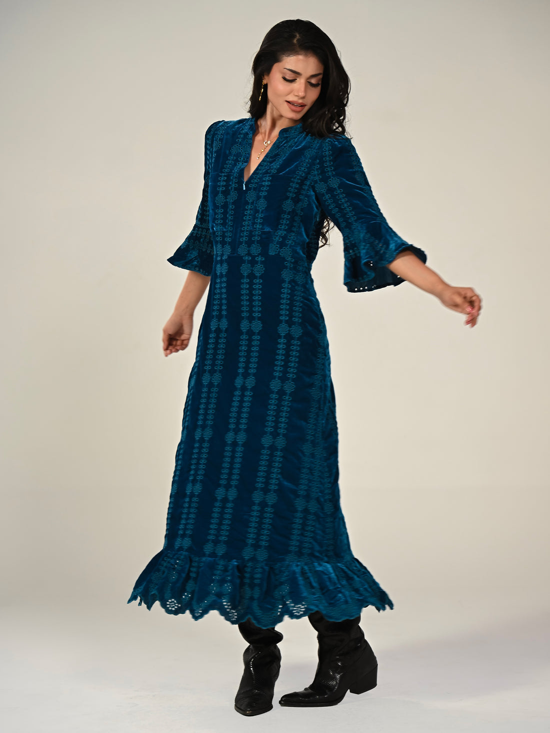 Cat Teal Embroidered Velvet Midi Dress