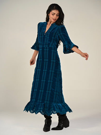 Cat Teal Embroidered Velvet Midi Dress