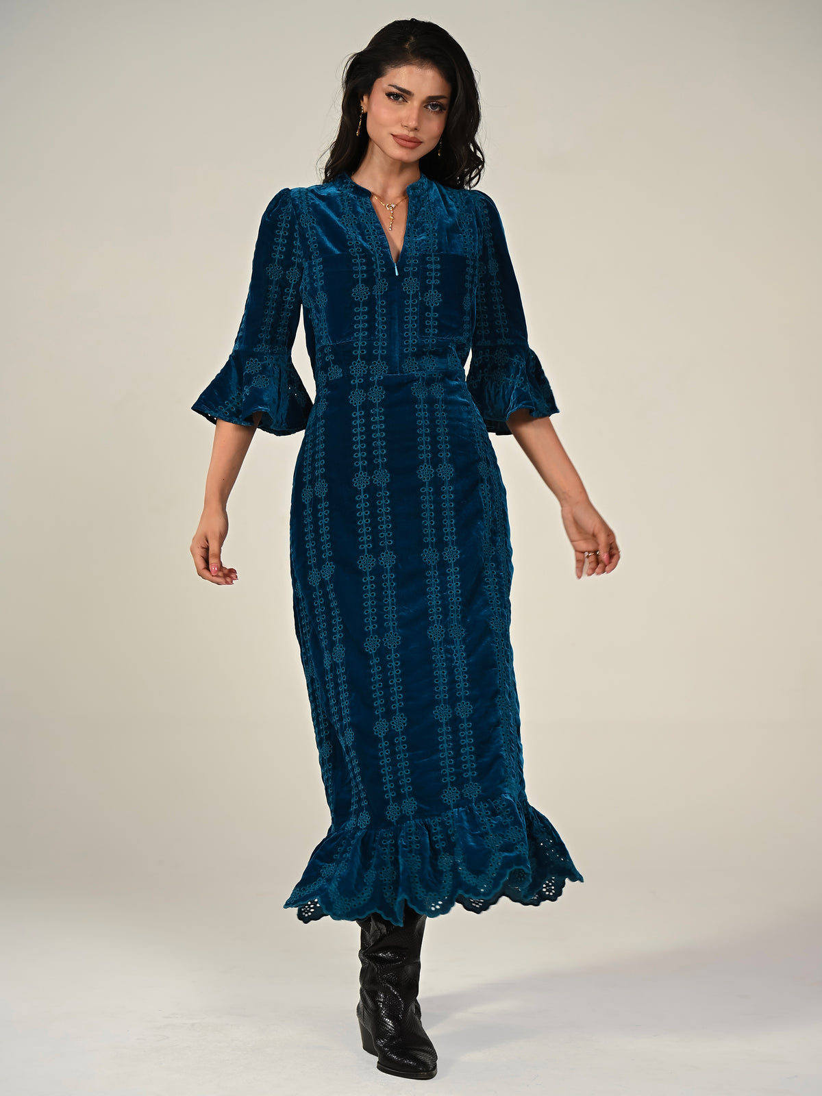 Cat Teal Embroidered Velvet Midi Dress