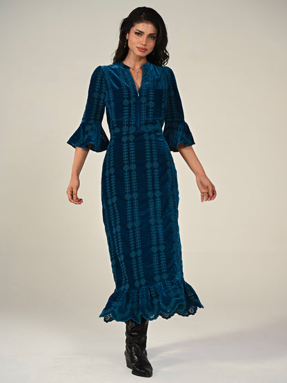 Cat Teal Embroidered Velvet Midi Dress