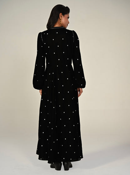 Rowan Black Embroidered Velvet Diamante Trim Maxi Dress