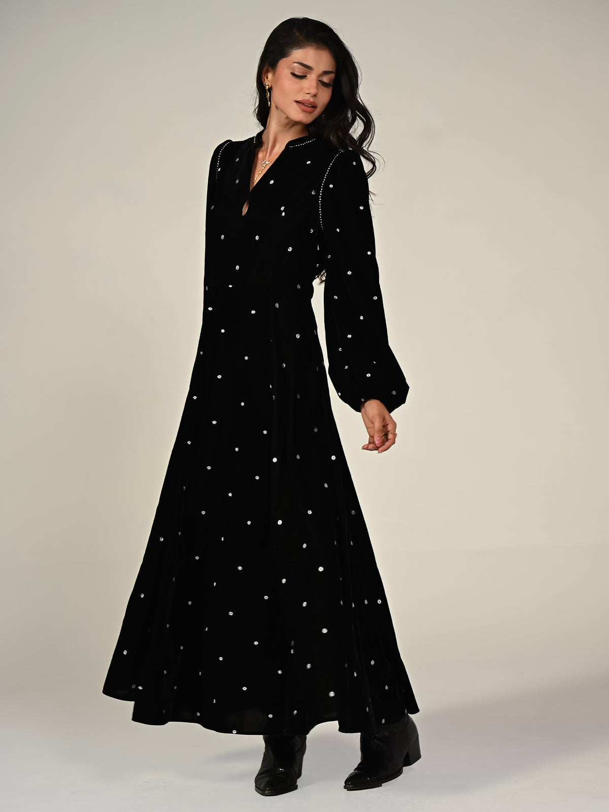 Rowan Black Embroidered Velvet Diamante Trim Maxi Dress