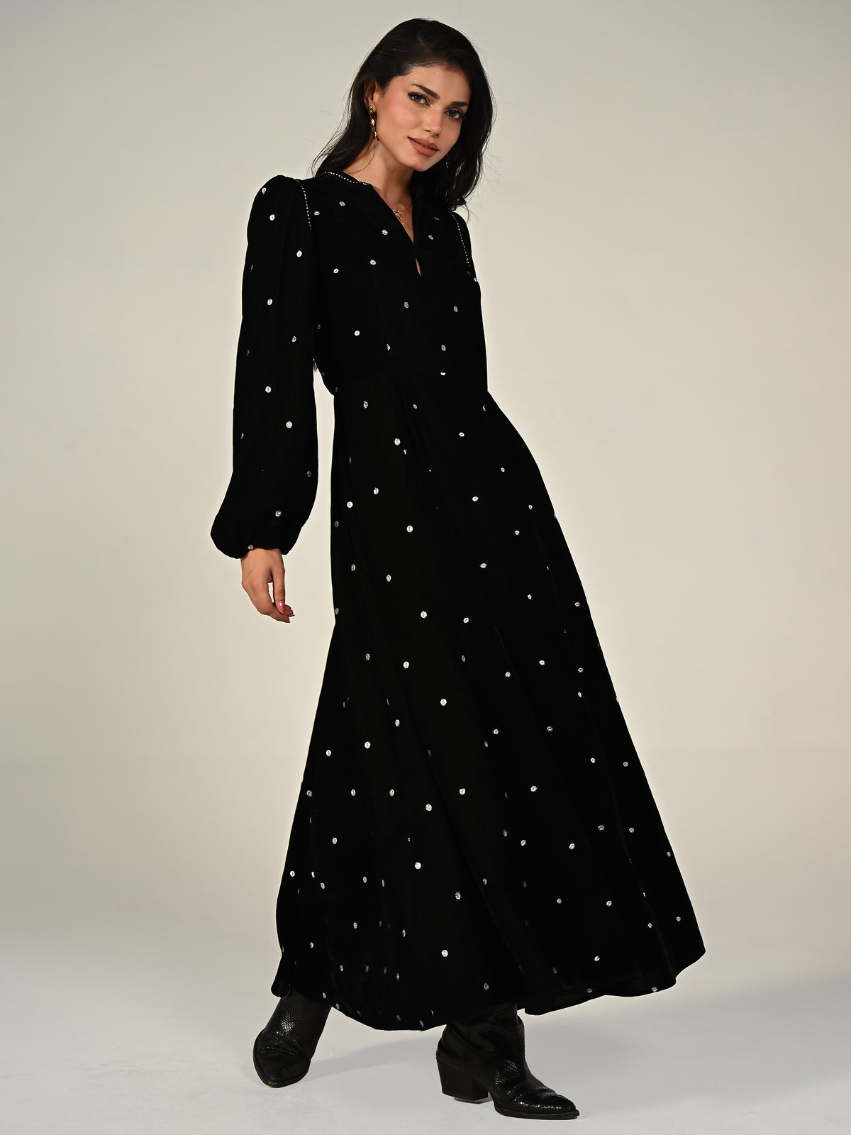 Rowan Black Embroidered Velvet Diamante Trim Maxi Dress