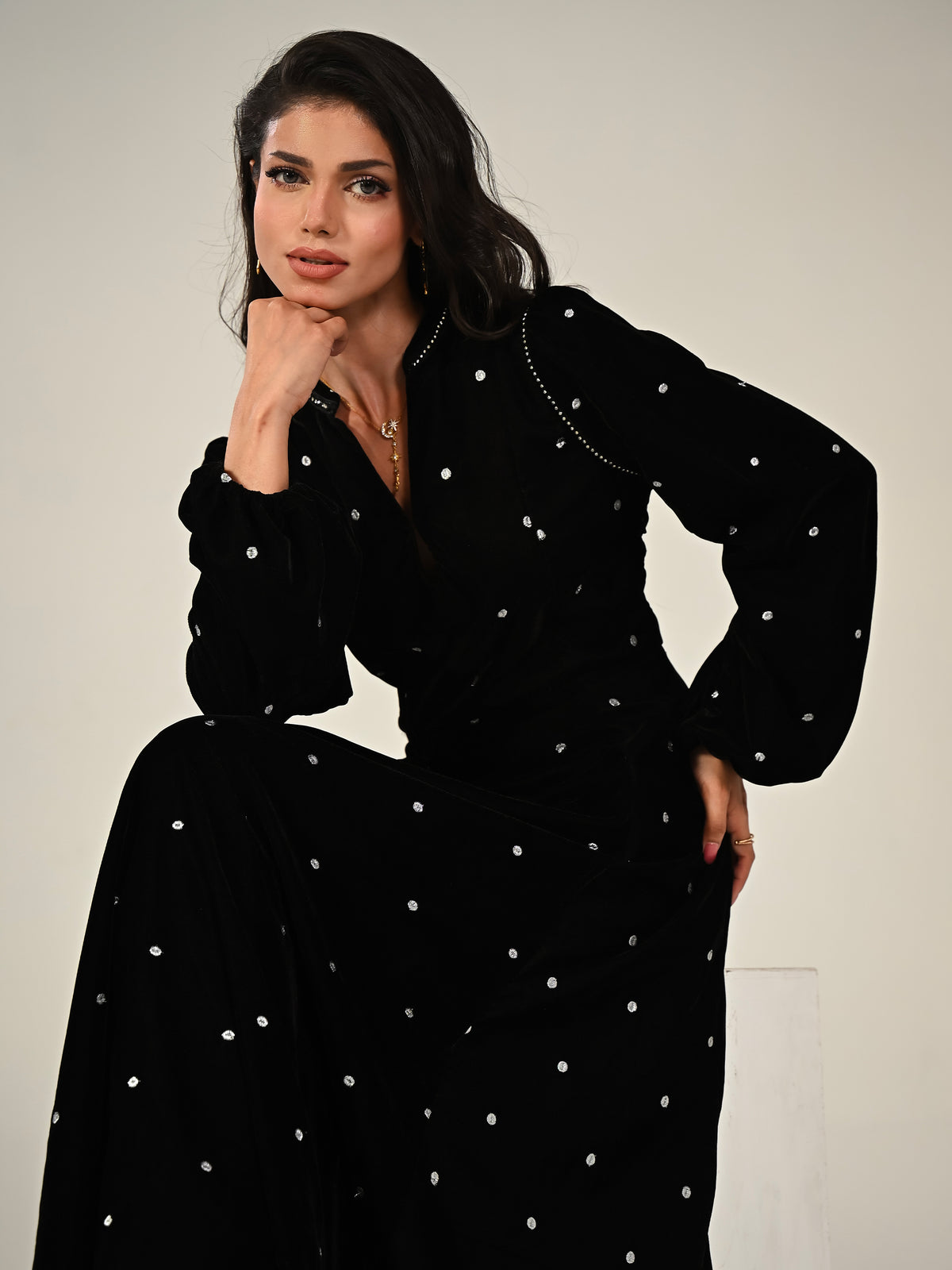Rowan Black Embroidered Velvet Diamante Trim Maxi Dress