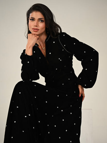 Rowan Black Embroidered Velvet Diamante Trim Maxi Dress