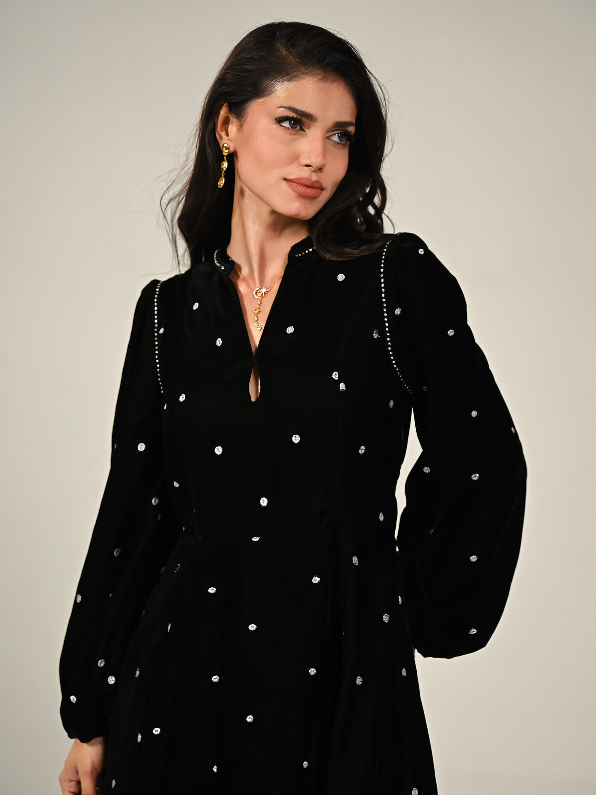 Rowan Black Embroidered Velvet Diamante Trim Maxi Dress