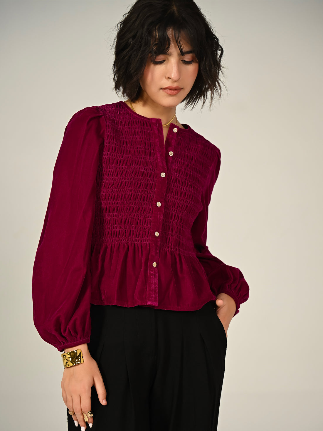 Maddie Burgundy Smocked Velvet Blouse