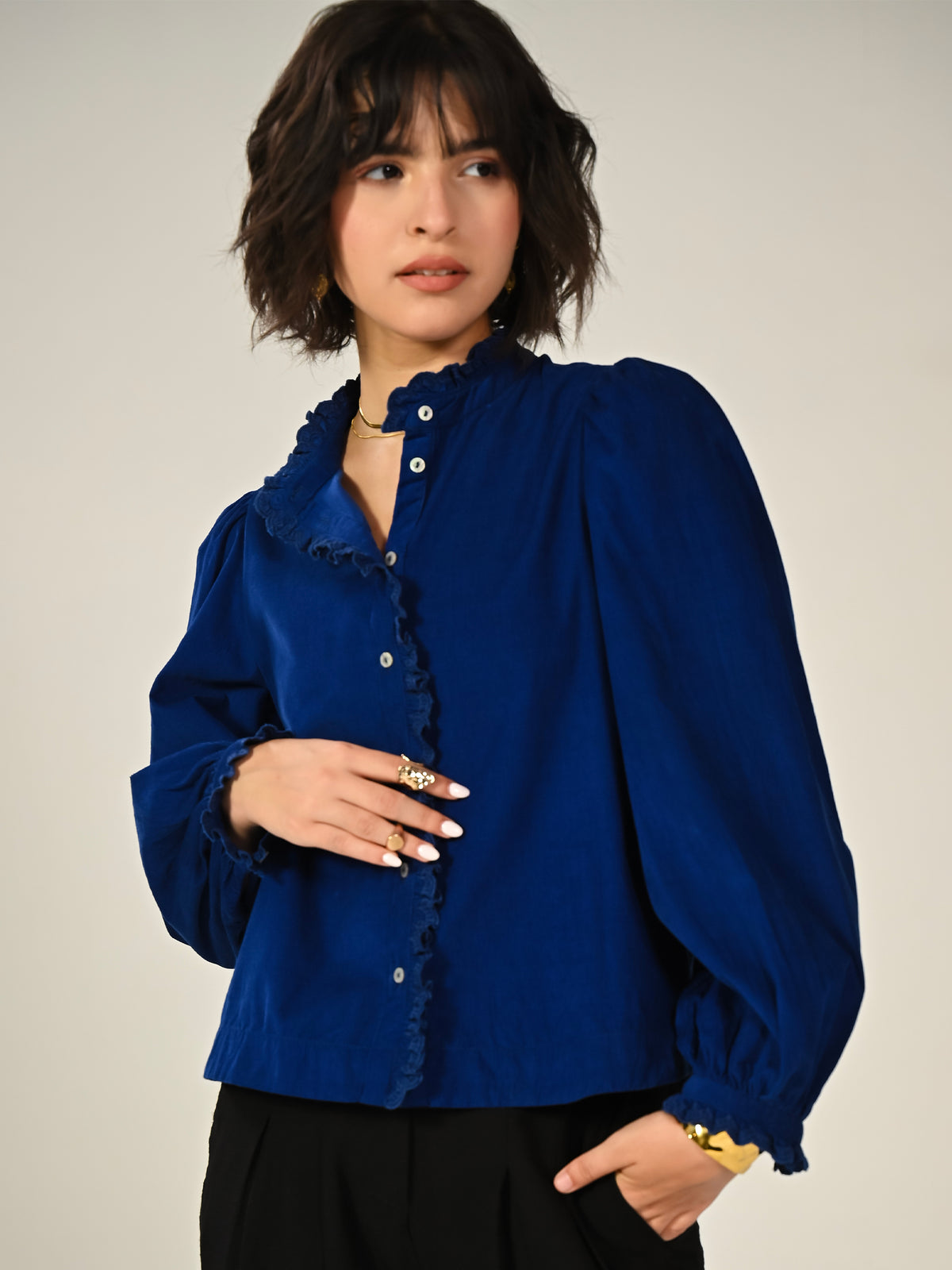 Nerys Blue Cord Embroidered Frill Blouse